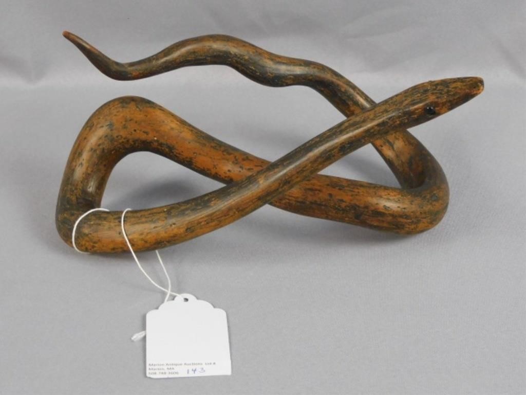 CARVED FOLK ART WOODEN SNAKE. BY