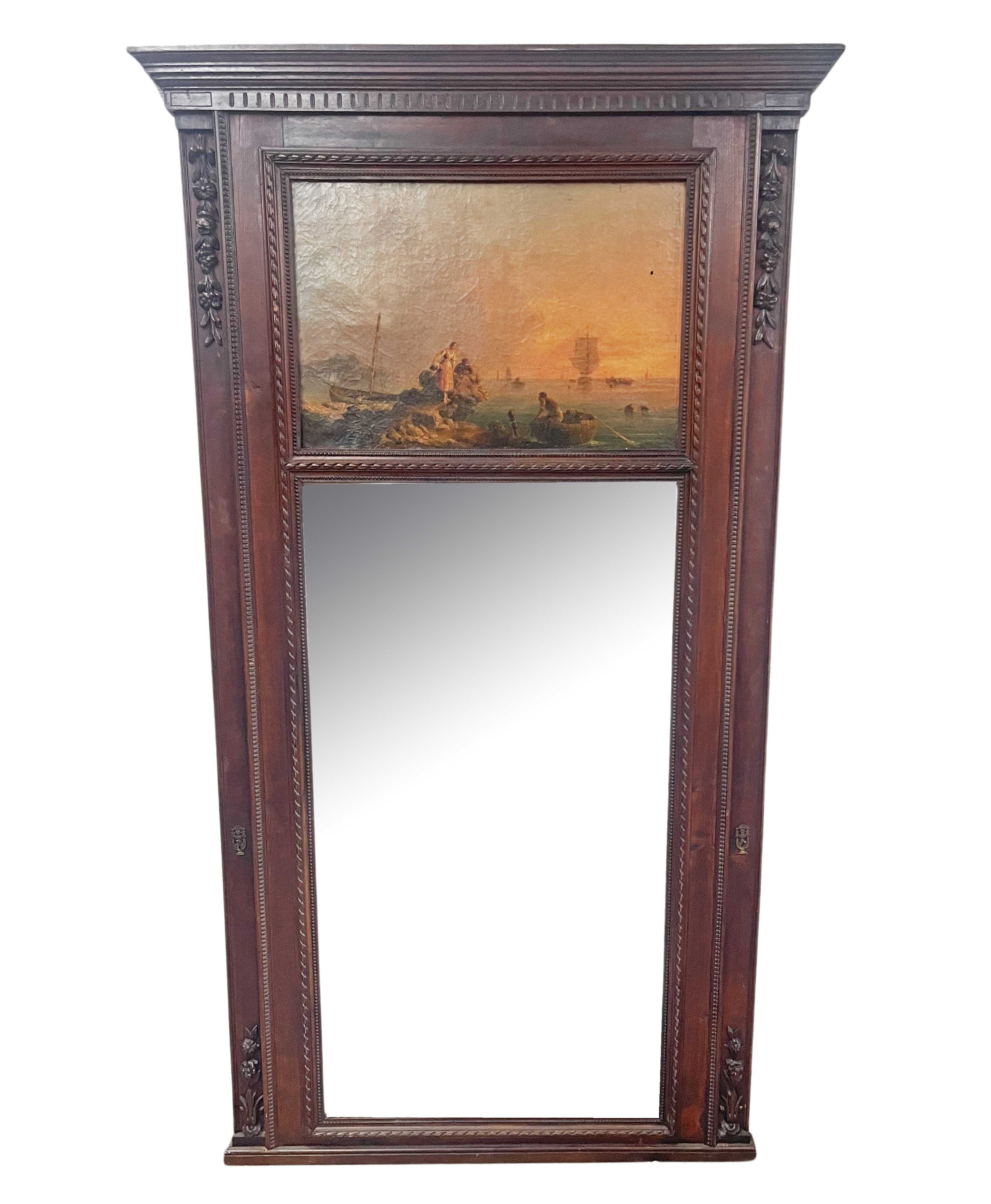 CARVED FRENCH WALNUT TRUMEAU MIRROR