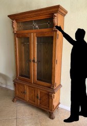 CARVED GOLDEN OAK & LEADED GLA
