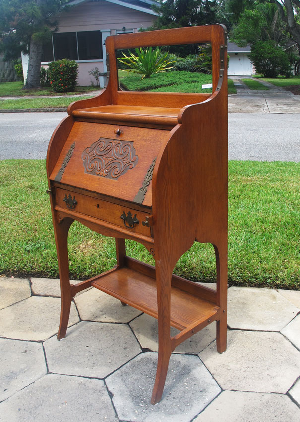 CARVED GOLDEN OAK SECRETARY DESK: