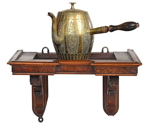 CARVED HANGING WALL SHELF AND BRASS