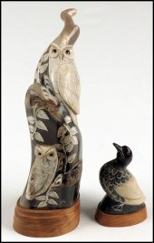 CARVED HORN FIGURE OF TWO OWLS