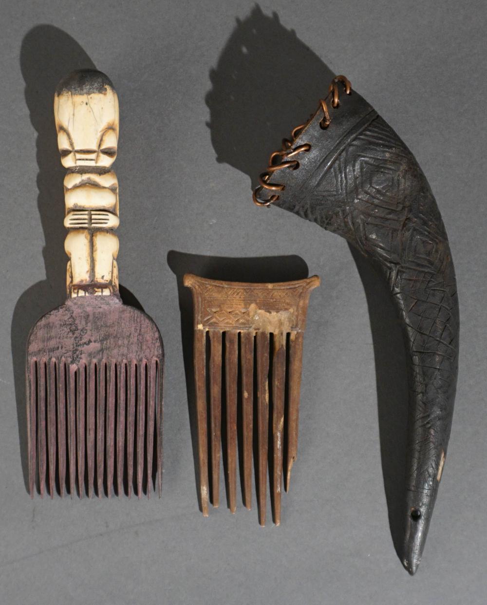 CARVED HUNTING HORN AND TWO