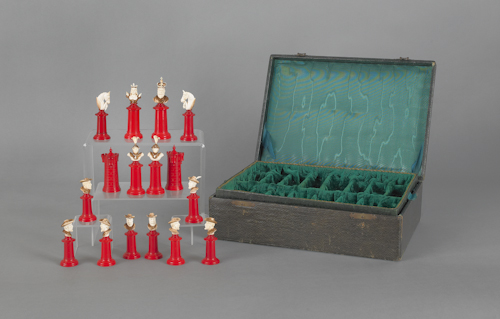 Carved ivory chess set with case. ?