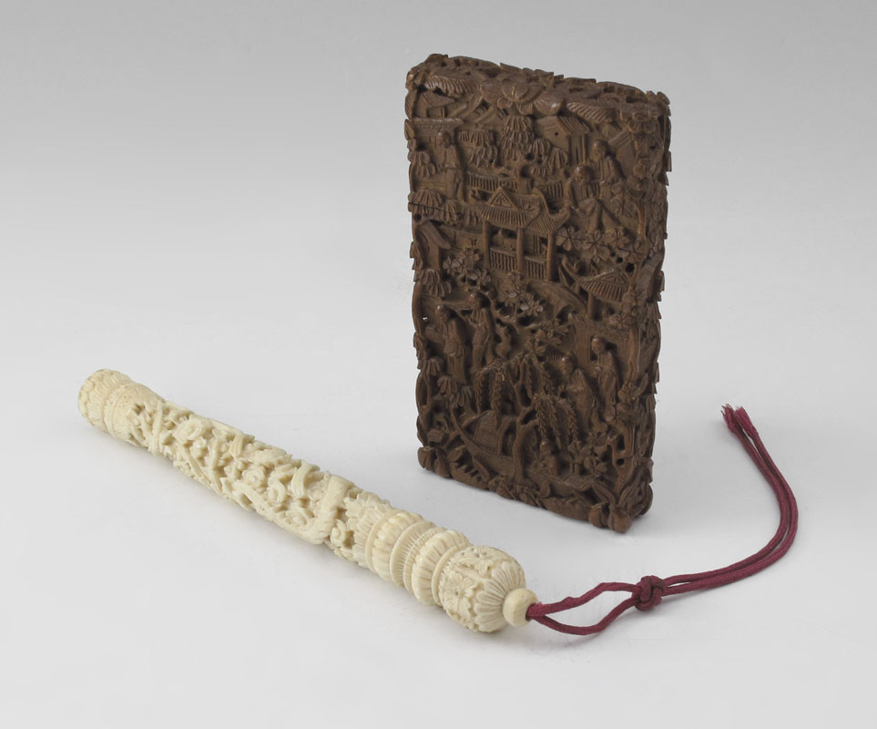 CARVED IVORY PEN HOLDER AND WOOD