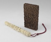 CARVED IVORY PEN HOLDER AND WO