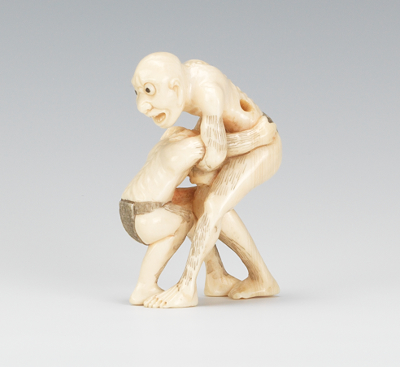 Carved Ivory Wrestlers Netsuke A