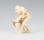 Carved Ivory Wrestlers Netsuke