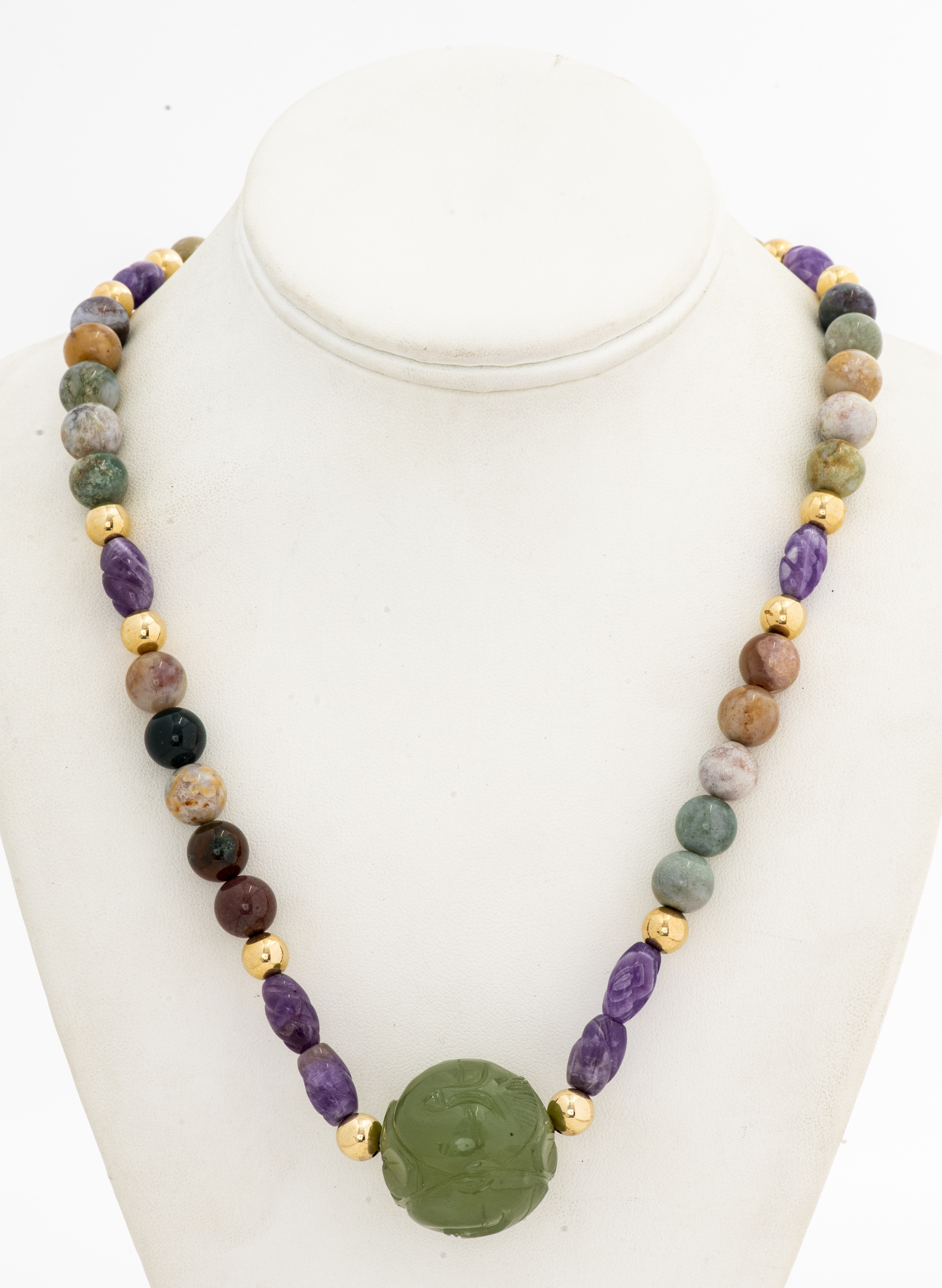 CARVED JADE & MULTI-COLORED STONE