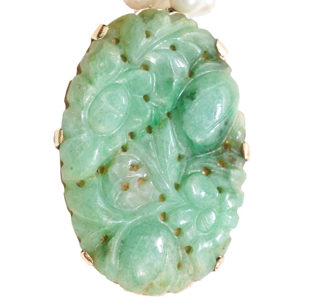 CARVED JADE, PEARL & 14K YG