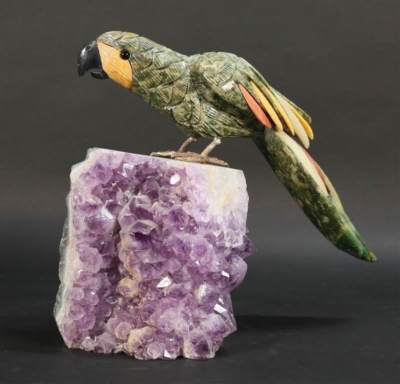 CARVED JASPER BIRD ON AMETHYST
