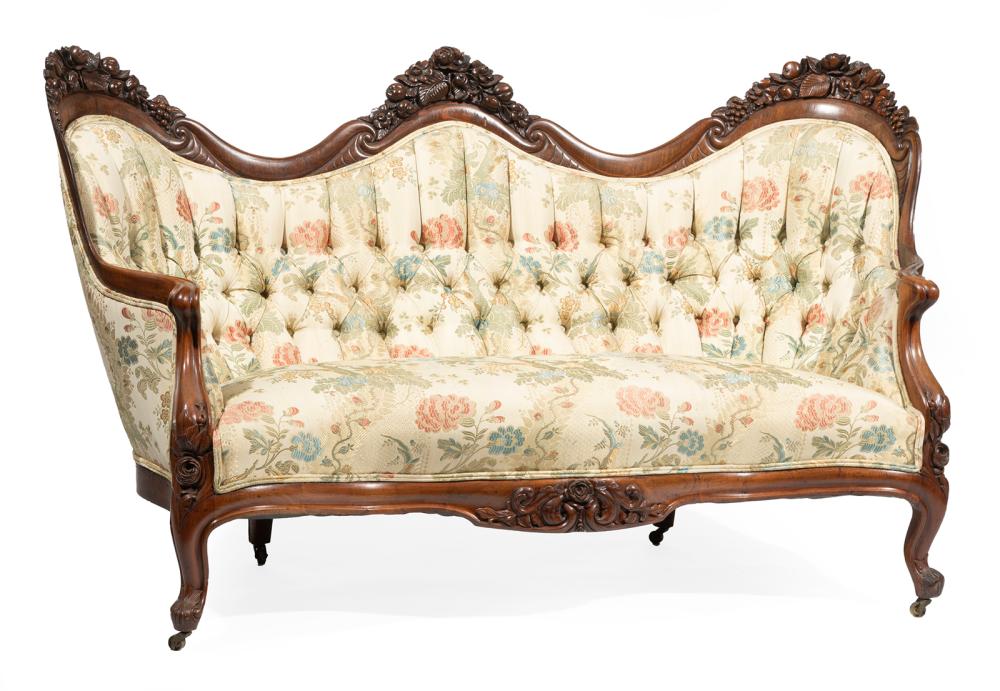 CARVED, LAMINATED ROSEWOOD SOFA.