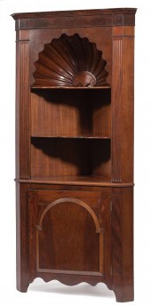 CARVED MAHOGANY CORNER CABINET