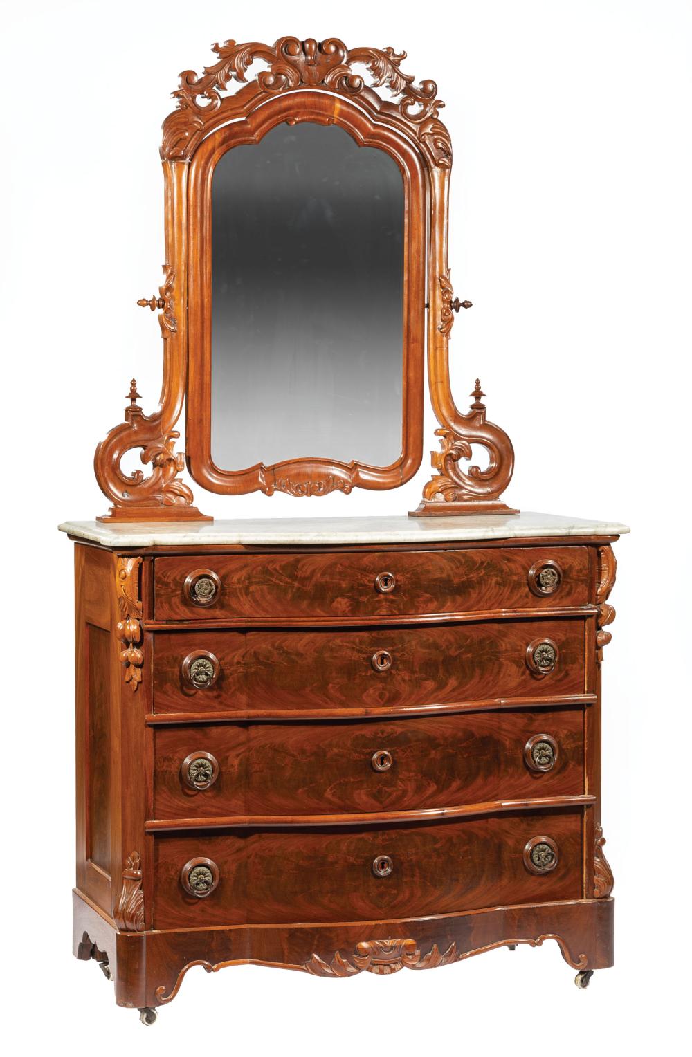 CARVED MAHOGANY MIRROR-BACKED