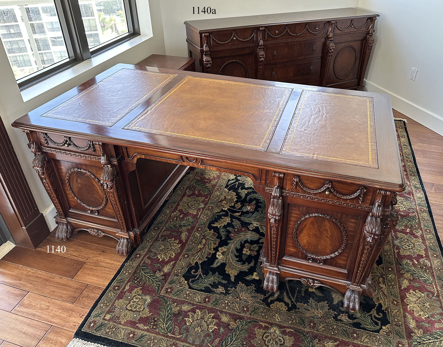CARVED MAHOGANY PARTNERS DESK AND