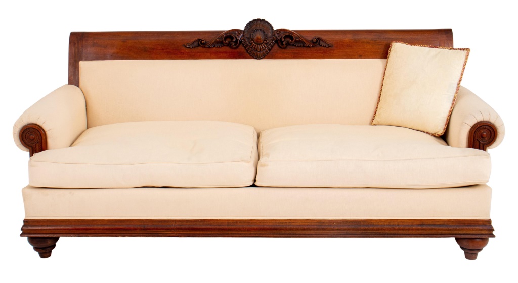 CARVED MAHOGANY UPHOLSTERED SOFA