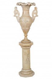 CARVED MARBLE URN AND PEDESTAL