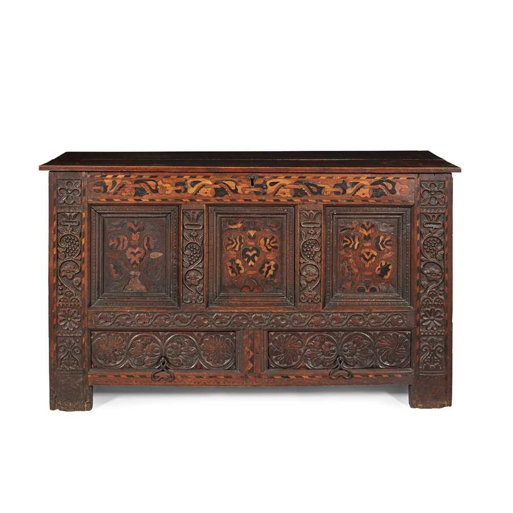 CARVED OAK AND MARQUETRY MULE CHEST