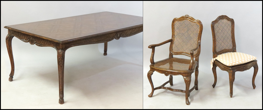 CARVED OAK AND PARQUETRY TOP DINING