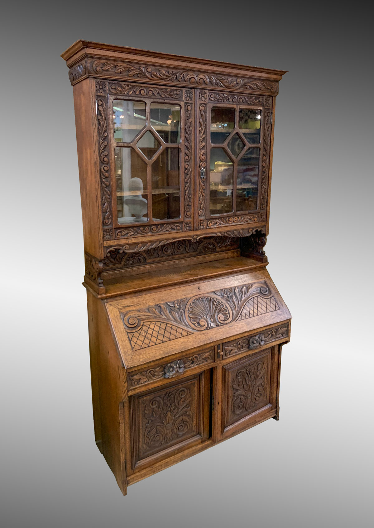 CARVED OAK BOOKCASE DESK: Oak