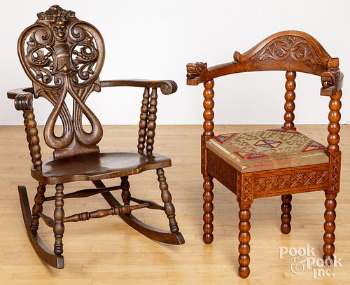 CARVED OAK CORNER CHAIR AND