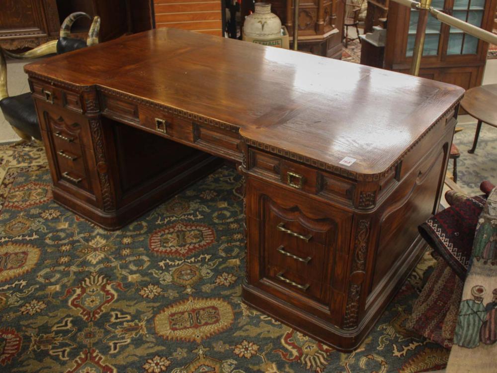 CARVED OAK FLAT-TOP EXECUTIVE DESK,