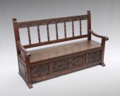 CARVED OAK HALL BENCH: Carved
