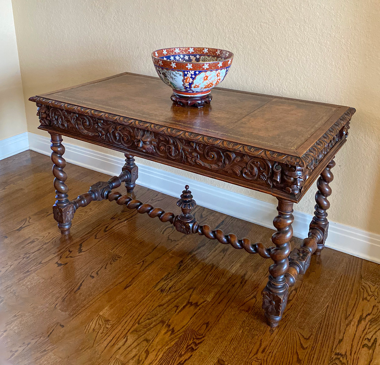 CARVED OAK LEATHER TOP LIBRARY