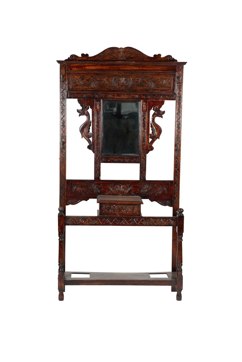 CARVED OAK MIRROR-BACK HALL