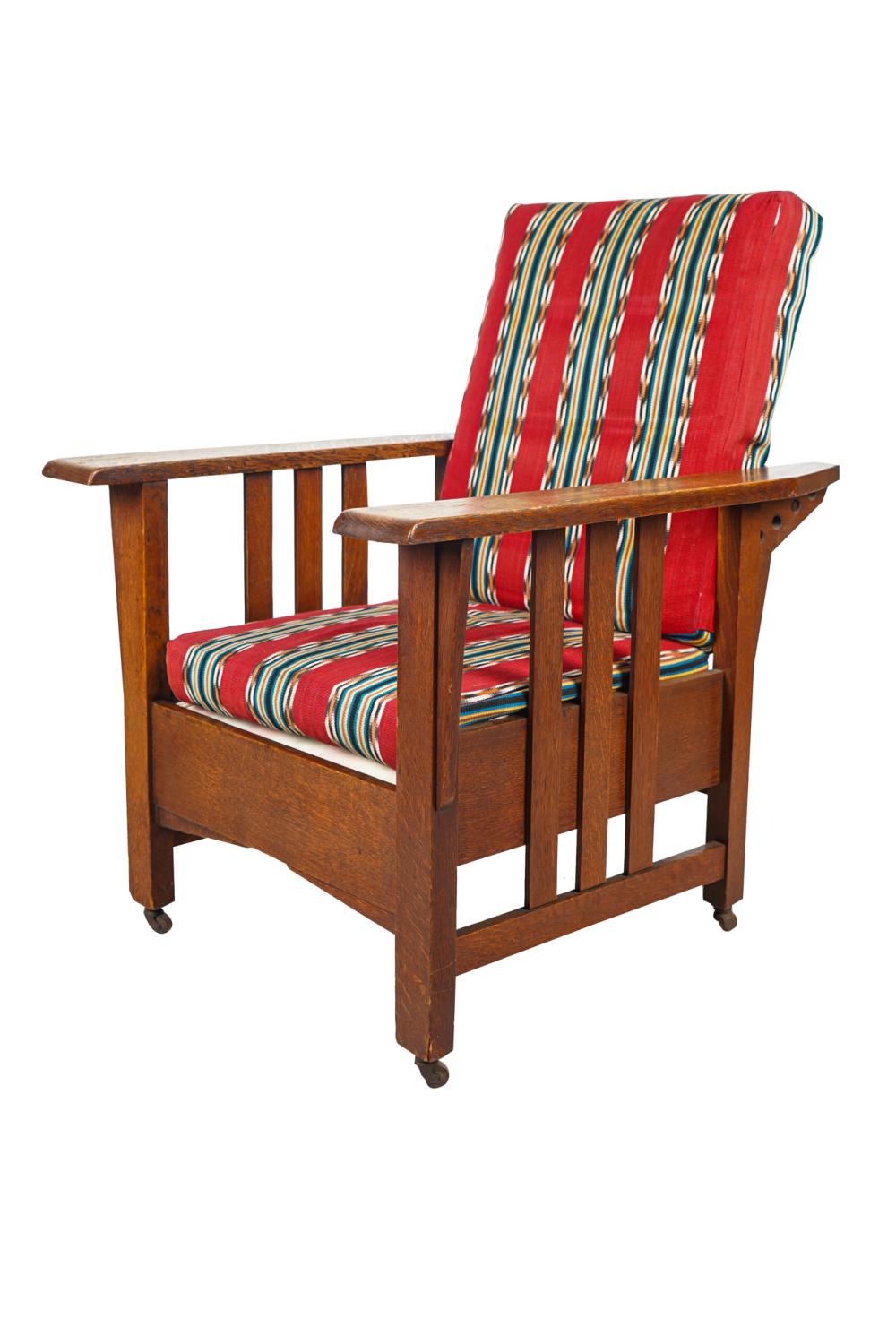 CARVED OAK MORRIS CHAIRon metal