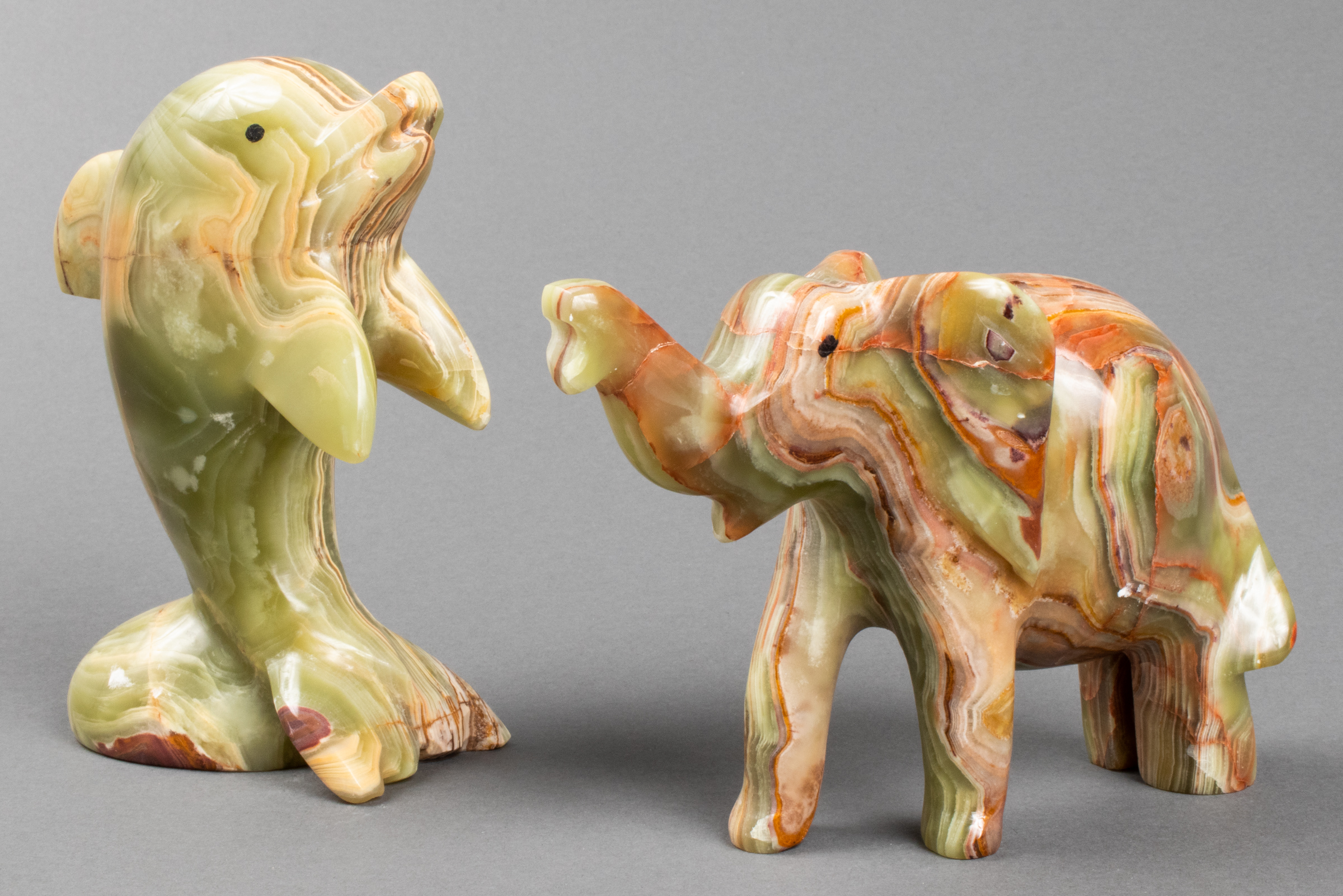 CARVED ONYX DOLPHIN & ELEPHANT