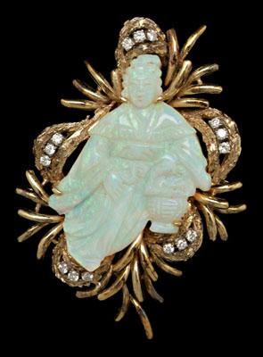 Carved opal, diamond brooch,