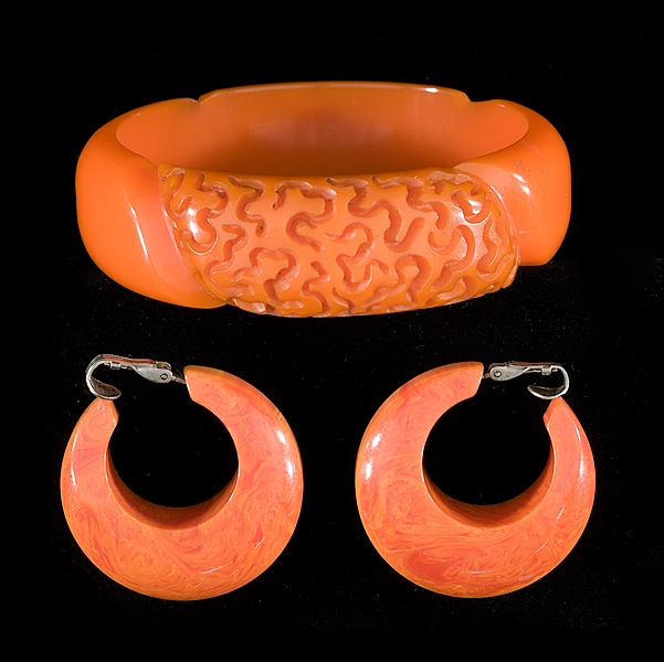Carved Orange Bakelite Bangle and