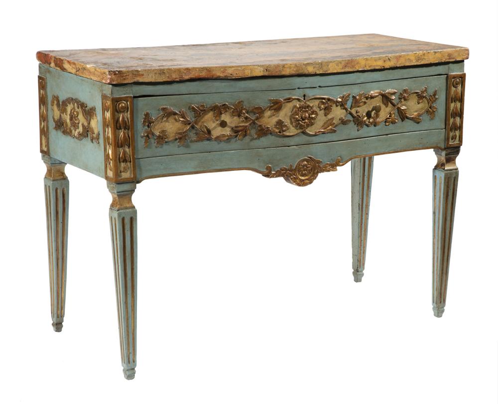 CARVED, PAINTED AND PARCEL GILT