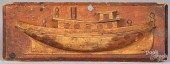 CARVED PINE HALF HULL TUGBOAT