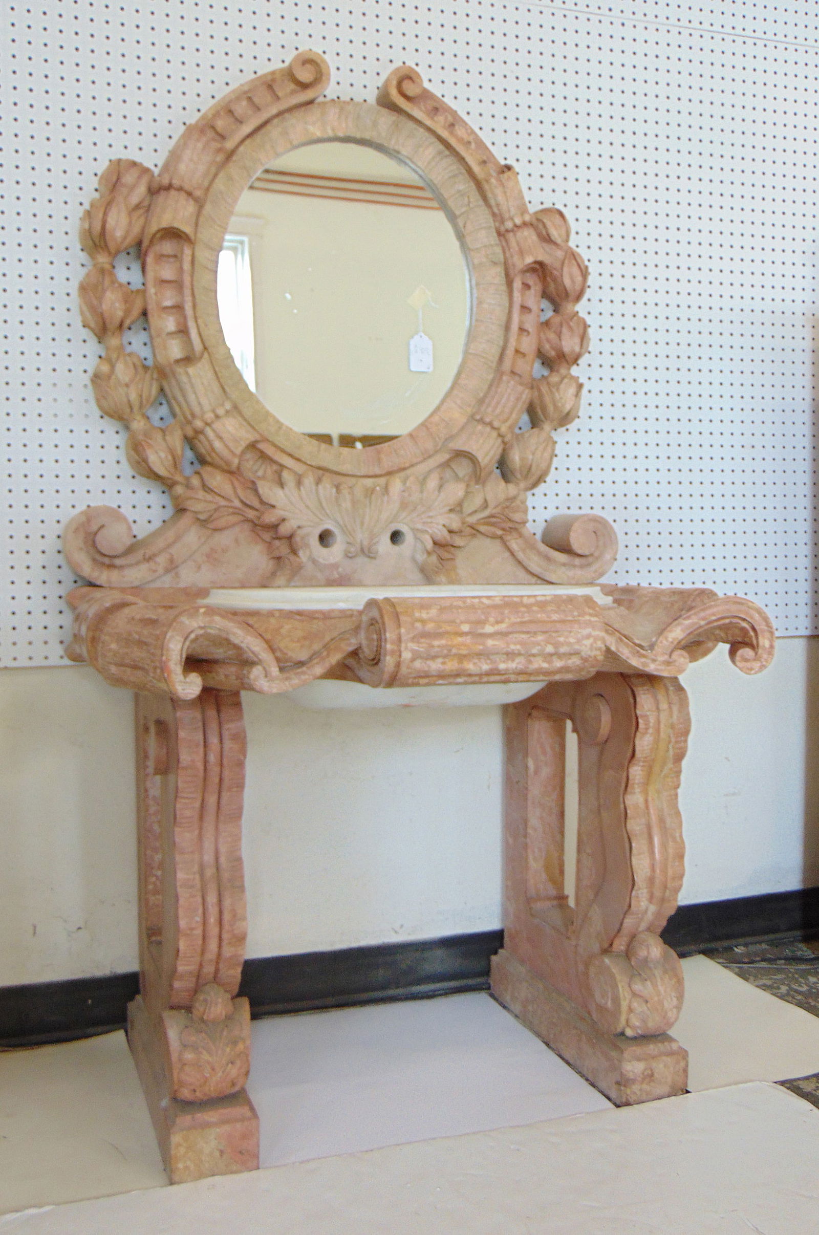 CARVED PINK MARBLE VANITY WITH