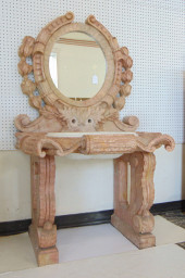 CARVED PINK MARBLE VANITY WITH