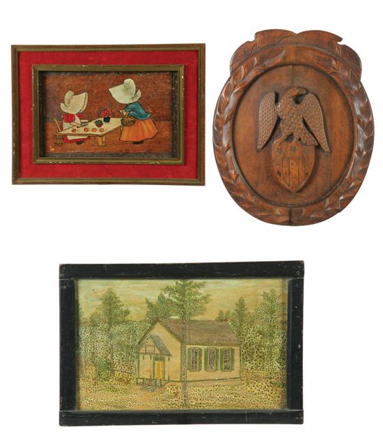 CARVED PLAQUE AND TWO PICTURES. 