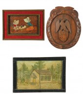 CARVED PLAQUE AND TWO PICTURES