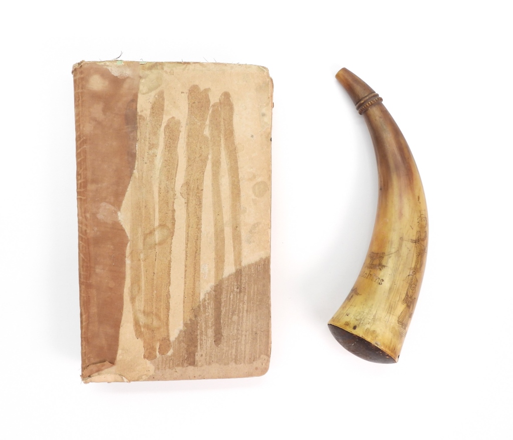 CARVED POWDER HORN AND JAMES