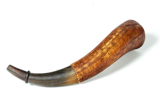 CARVED POWDER HORN.  Engraved
