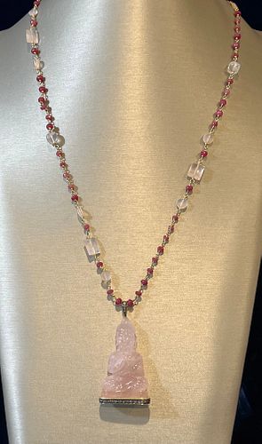 CARVED ROSE QUARTZ AND DIAMOND
