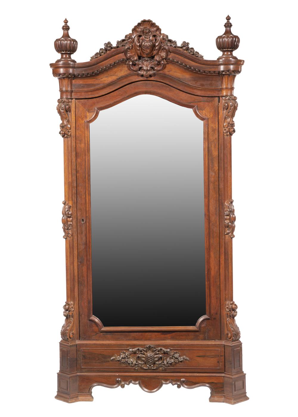 CARVED ROSEWOOD ARMOIRE, LABELED
