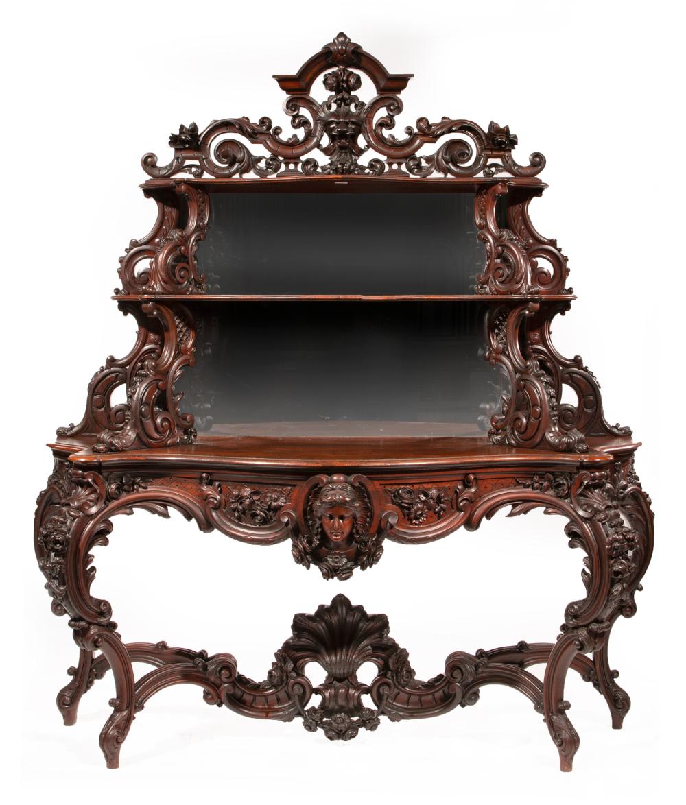 CARVED ROSEWOOD ETAGERE CONSOLE,