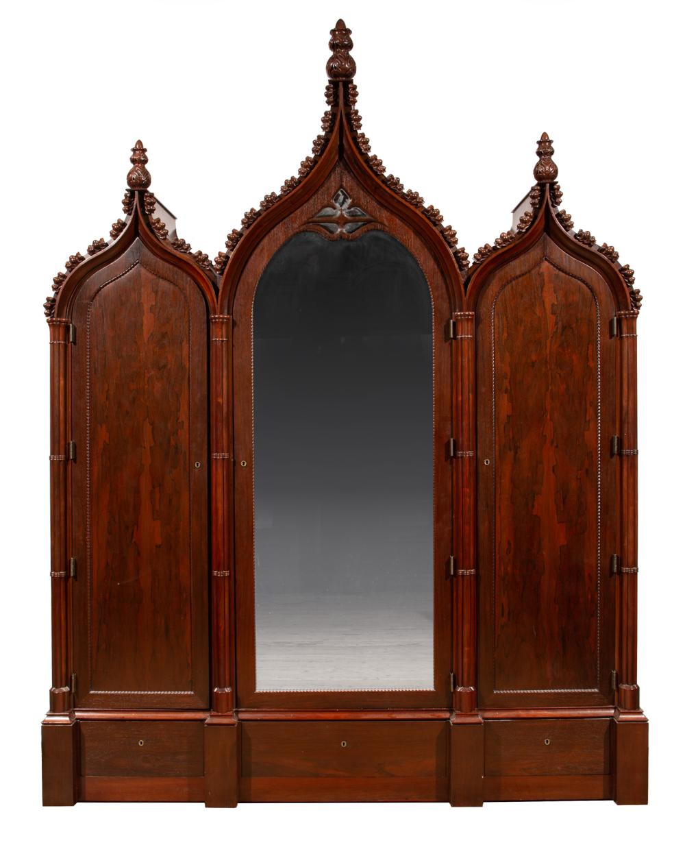 CARVED ROSEWOOD TRIPART ARMOIRE,