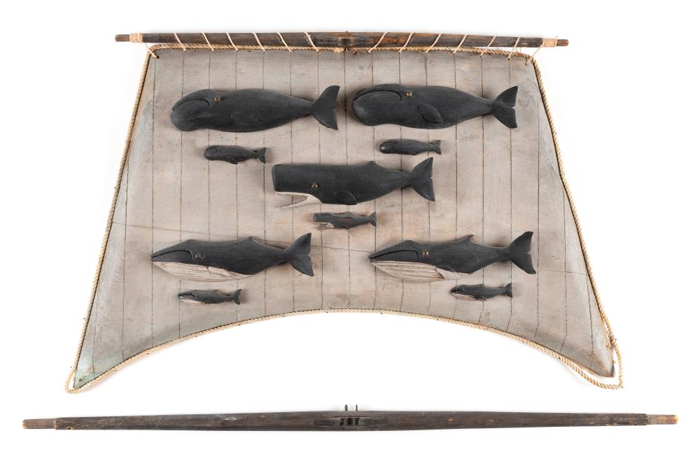 CARVED SAIL WITH TEN APPLIED WHALES
