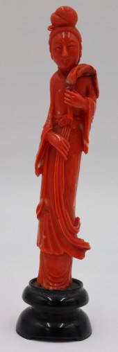 CARVED SALMON CORAL FIGURE OF