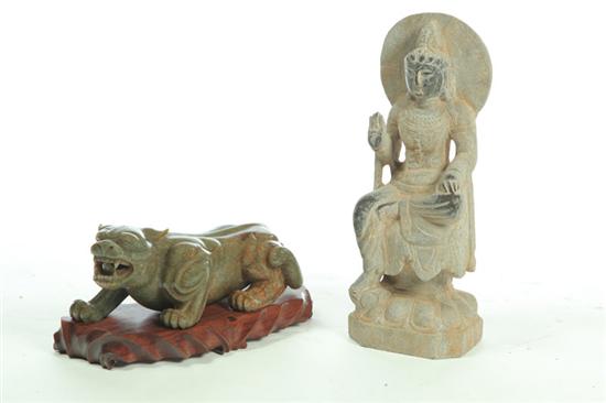 CARVED STONE BUDDHA AND TIGER. 