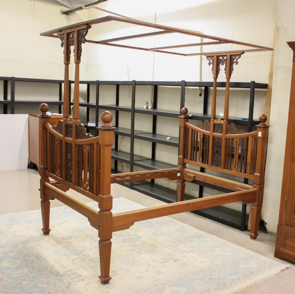 CARVED TEAK CANOPY BED WITH