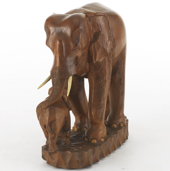 CARVED TEAK WOOD ELEPHANT AND